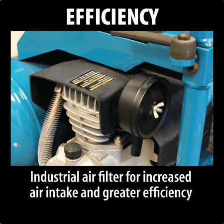Makita MAC5200 cast iron pump head showing automotive-style industrial air intake filter and finned cooling tube.