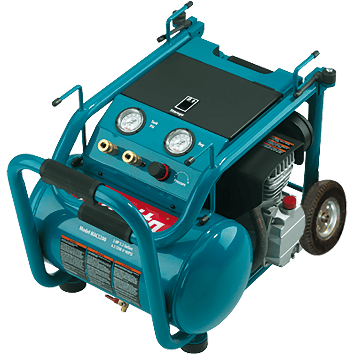Makita MAC5200 roll-cage frame with folded handle, dual pressure gauges, regulator knob, and dual air couplers.