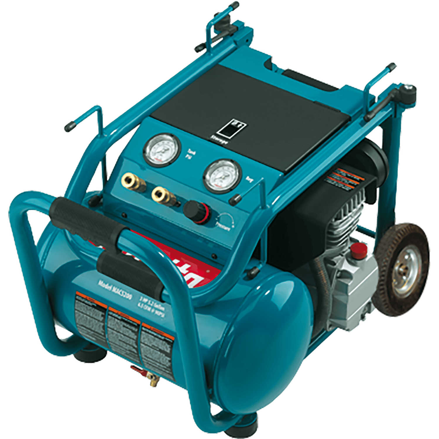 Makita MAC5200 roll-cage frame with folded handle, dual pressure gauges, regulator knob, and dual air couplers.