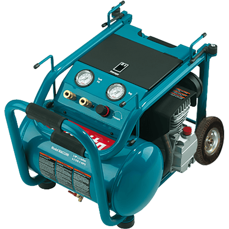 Makita MAC5200 roll-cage frame with folded handle, dual pressure gauges, regulator knob, and dual air couplers.