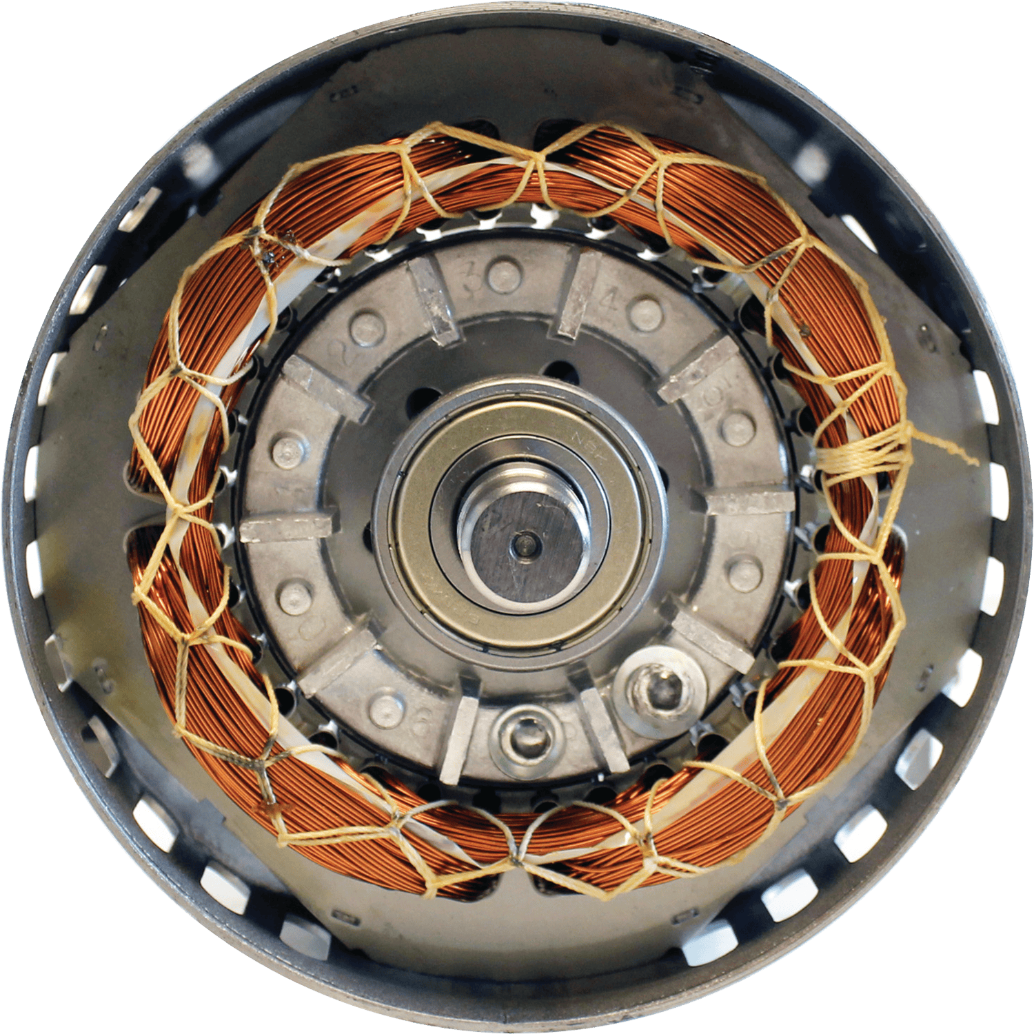 Internal copper stator windings and heavy-duty sealed ball bearing assembly of the Makita MAC5200 motor.