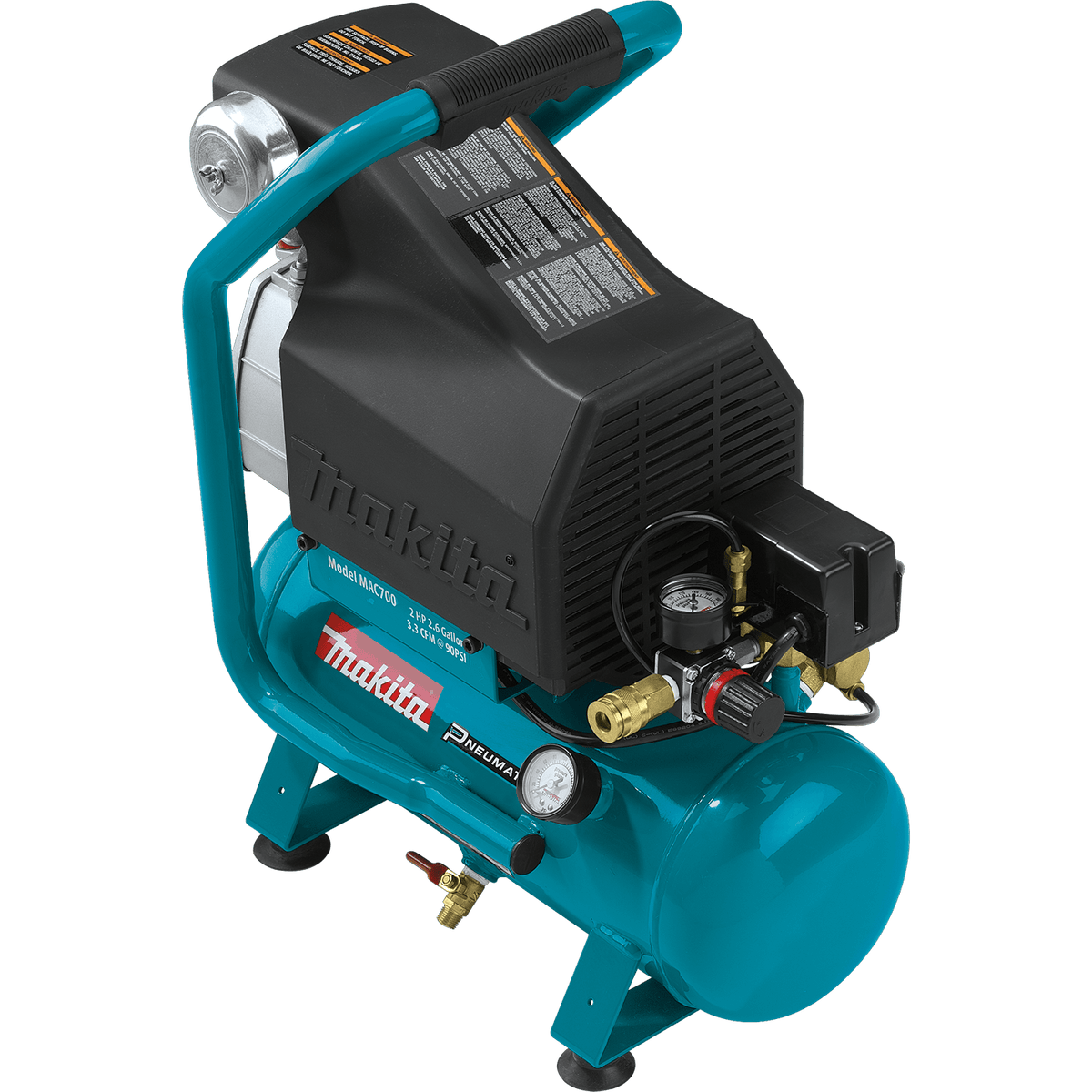 Makita MAC700 2.0 HP 2.6-gallon electric air compressor featuring a cast iron pump, roll-bar handle, and pressure gauges.
