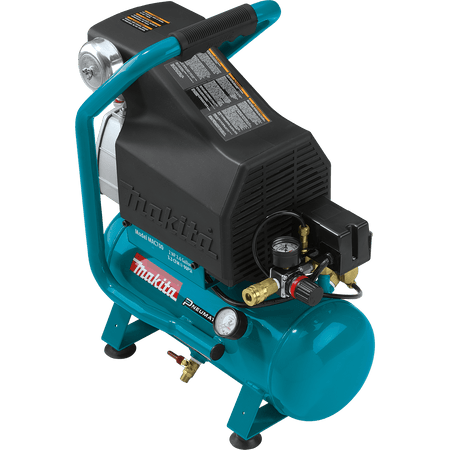 Makita MAC700 2.0 HP 2.6-gallon electric air compressor featuring a cast iron pump, roll-bar handle, and pressure gauges.