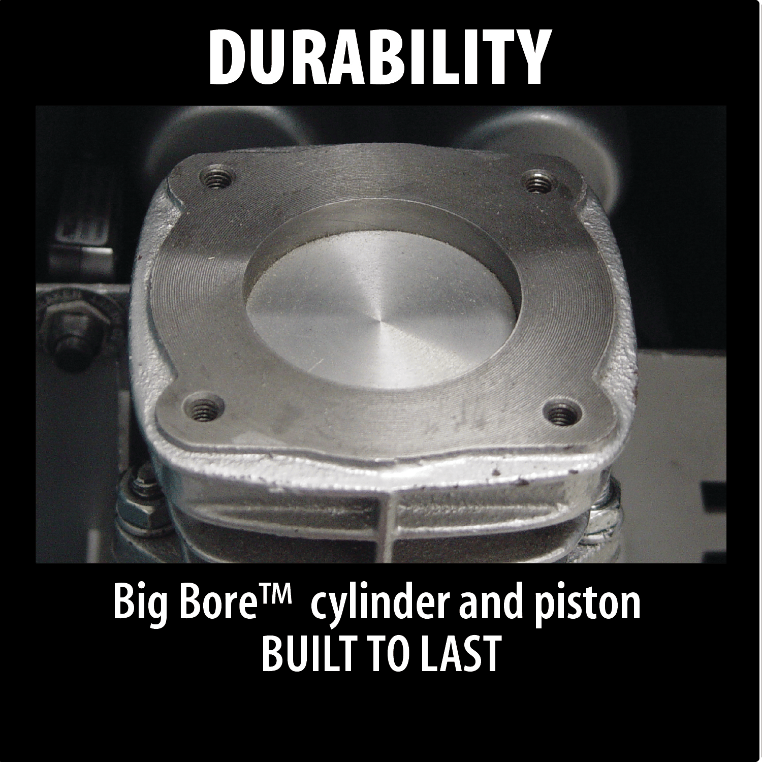 Top-down view of the Makita Big Bore cast iron cylinder and piston engineered for increased air compression and durability.