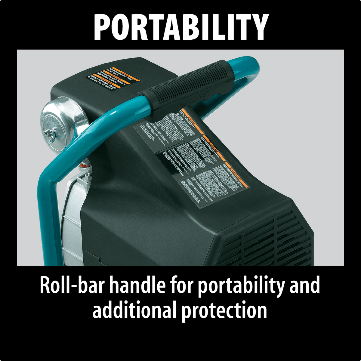 Close-up of the tubular steel roll-bar handle on the Makita MAC700 compressor designed for portability and pump protection.