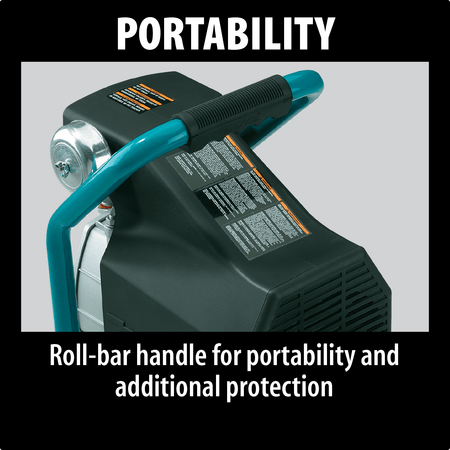 Close-up of the tubular steel roll-bar handle on the Makita MAC700 compressor designed for portability and pump protection.