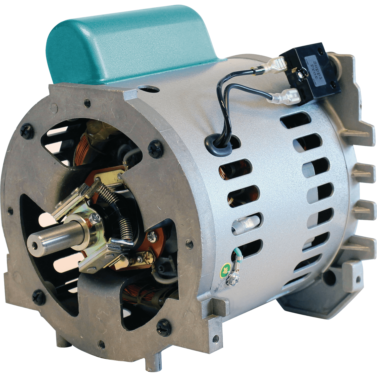 Drive shaft side of the Makita MAC700 electric motor showing the centrifugal starting switch and heavy-duty housing.