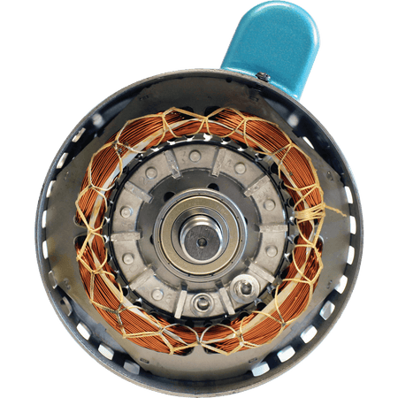 Internal copper stator windings and precision sealed ball bearing assembly inside the Makita MAC700 2.0 HP electric motor.