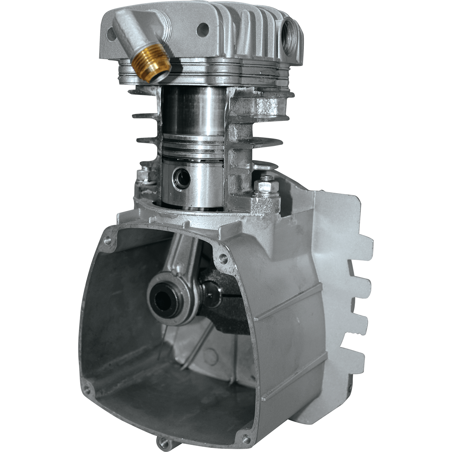 Cutaway diagram of the Makita MAC700 Big Bore pump showing the cast iron cylinder wall, piston, and connecting rod assembly.