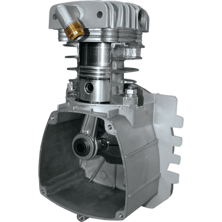 Cutaway diagram of the Makita MAC700 Big Bore pump showing the cast iron cylinder wall, piston, and connecting rod assembly.