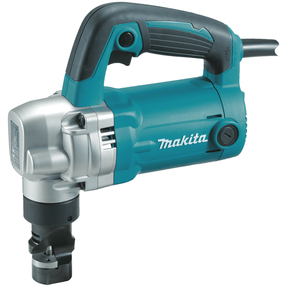 Makita JN3201 6.2 Amp 10-gauge corded sheet metal nibbler featuring a rubberized D-handle and cast aluminum gear housing for clean metal cutting.
