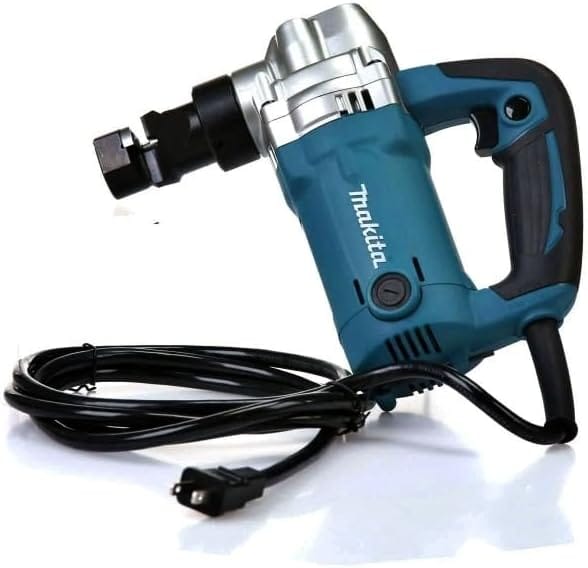 Makita JN3201 corded metal nibbler with its grounded heavy-duty power cord prepared for continuous 1,300 SPM sheet metal cutting operations.