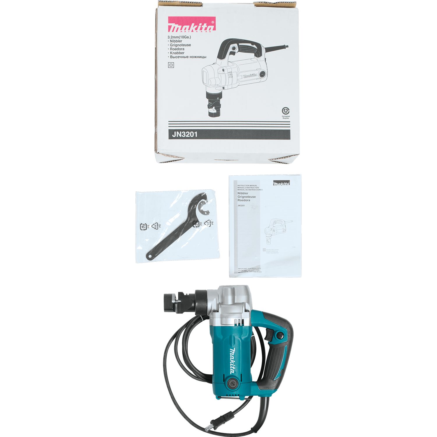 Makita JN3201 10-gauge nibbler kit components including the instruction manual, spanner wrench, and original manufacturer packaging.