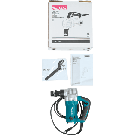 Makita JN3201 10-gauge nibbler kit components including the instruction manual, spanner wrench, and original manufacturer packaging.
