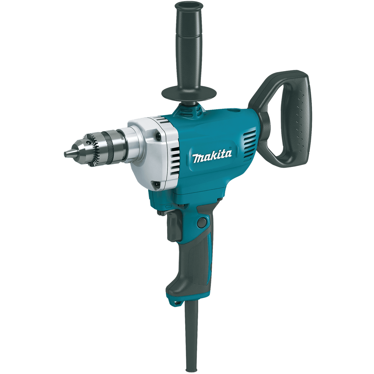 Makita DS4012 corded 1/2-inch spade handle drill featuring a 360-degree rotating rear D-handle, side handle, and heavy-duty keyed chuck.