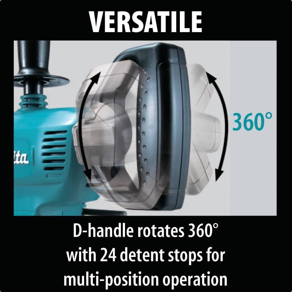 Feature graphic illustrating the 360-degree rotating D-handle with 24 detent stops on the Makita DS4012 drill for multi-position control.