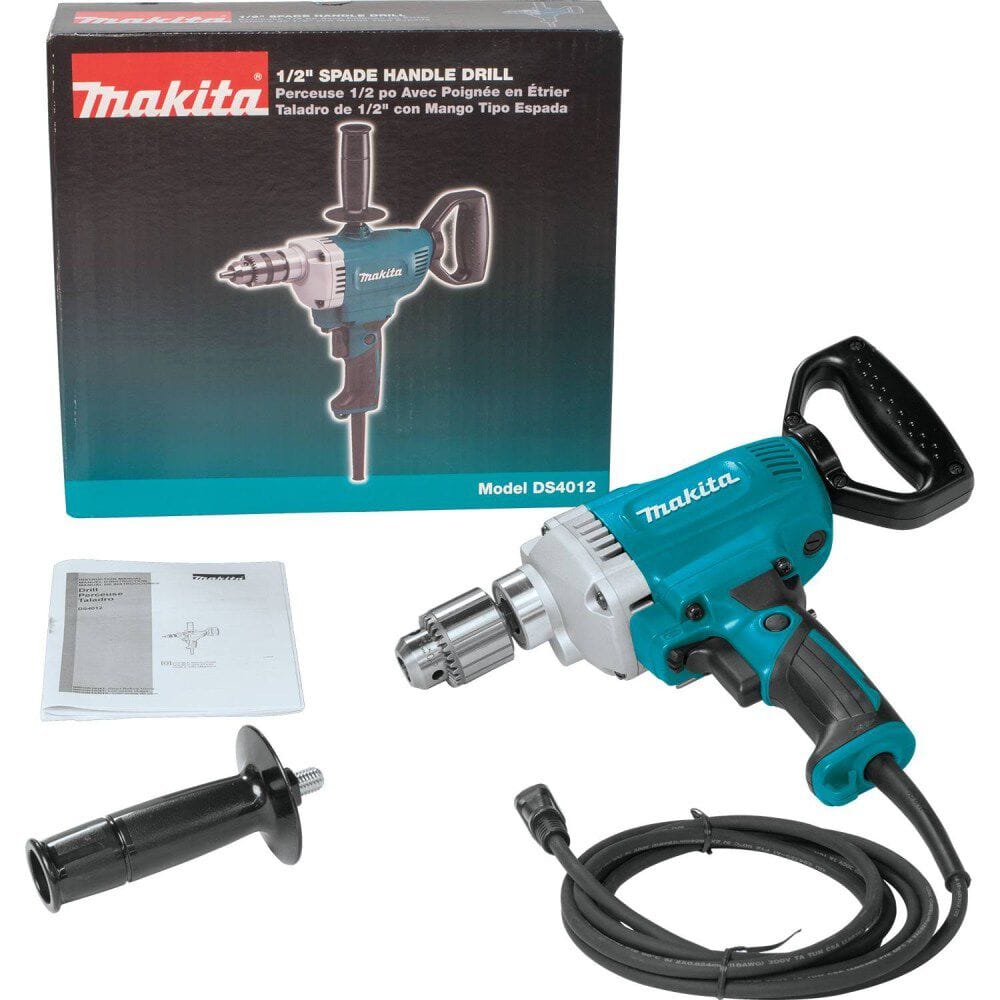 Makita DS4012 spade handle drill kit containing the 1/2-inch corded drill, auxiliary side handle, chuck key, and manual for mortar mixing setup.