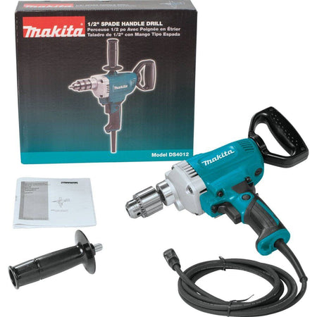 Makita DS4012 spade handle drill kit containing the 1/2-inch corded drill, auxiliary side handle, chuck key, and manual for mortar mixing setup.