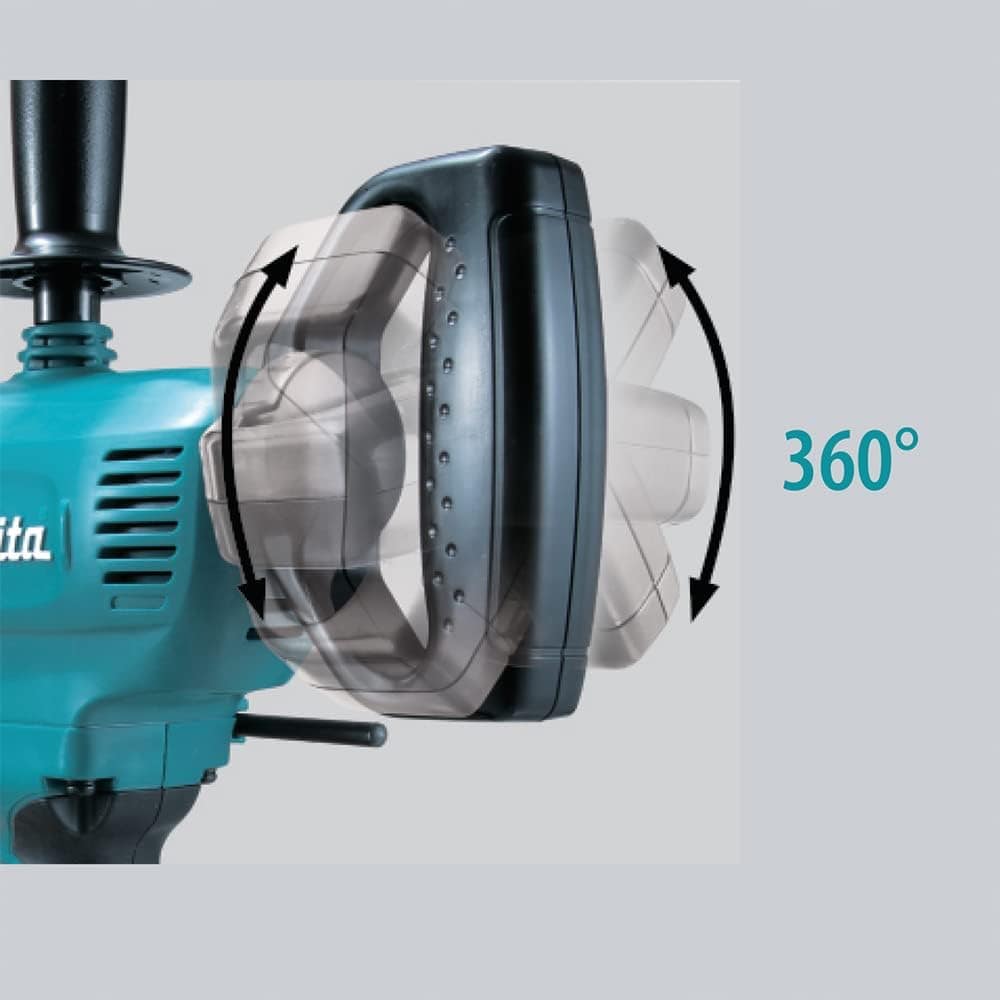 Diagram showing the rear D-handle on the Makita DS4012 drill rotating 360 degrees across 24 detent stops for custom mixing leverage.
