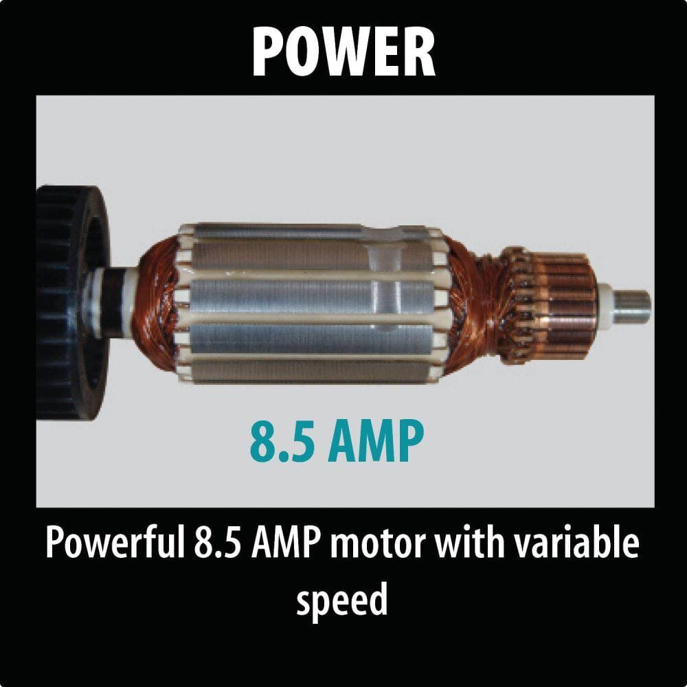 Motor graphic for the Makita DS4012 highlighting the variable-speed 8.5 Amp motor designed for drilling and high-viscosity mixing.
