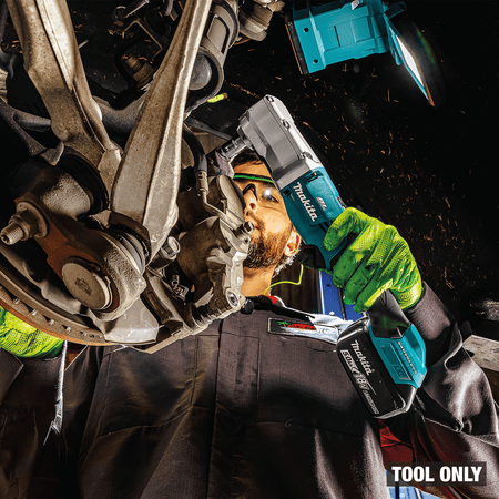 Makita XLT03Z 3/8-inch angle impact wrench unfastens tight brake caliper bolts without removing surrounding suspension parts.