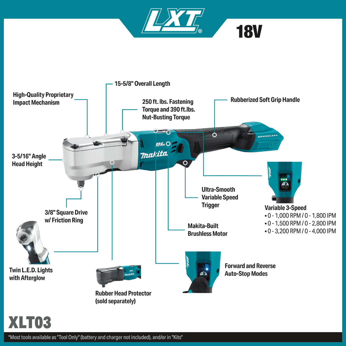 Makita XLT03 diagram details 390 ft-lbs torque, 3-5/16-inch head height, 3-speed settings, and forward-reverse Auto-Stop.