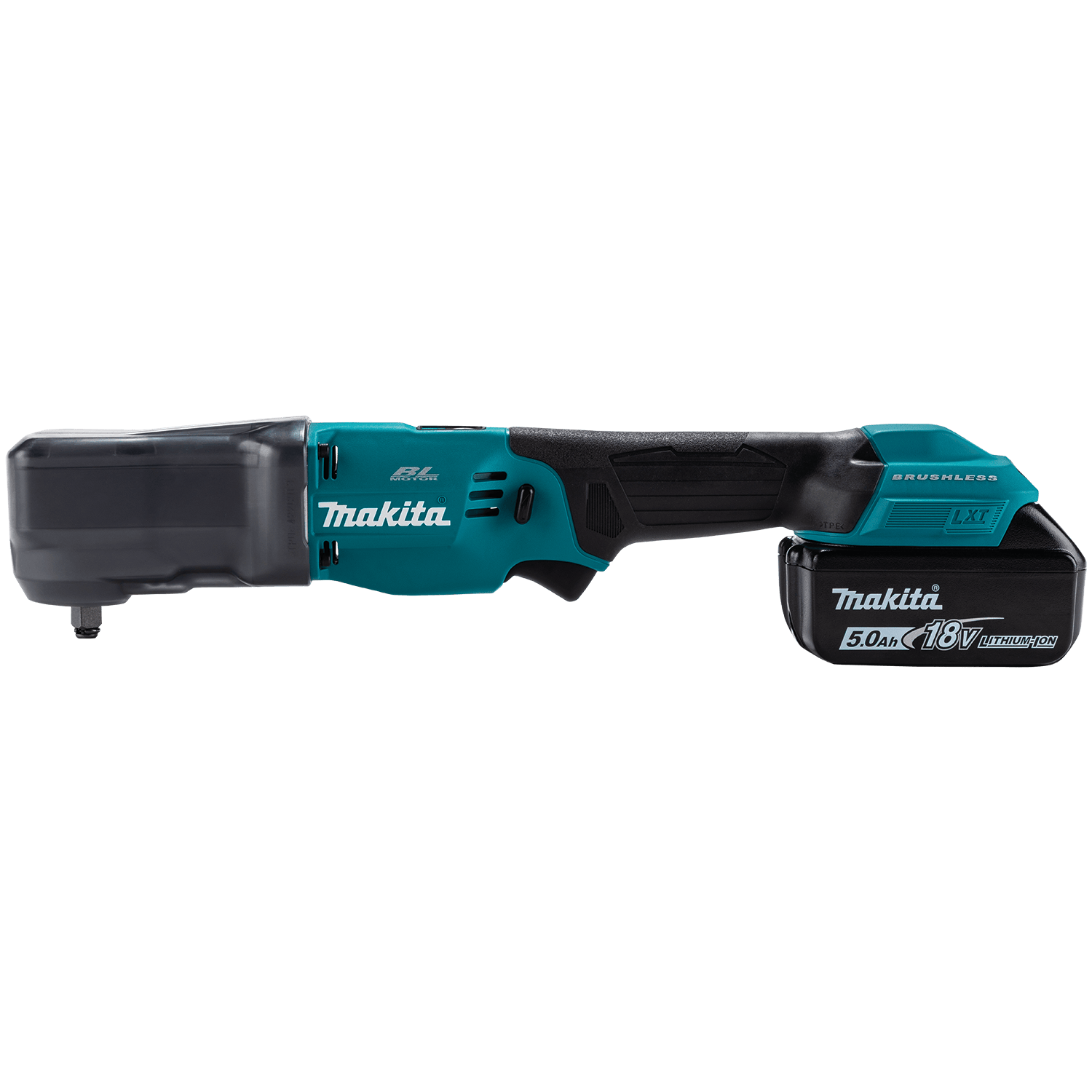 Makita 18V 3/8-inch angle impact wrench shown with protective rubber head boot and an attached 5.0Ah LXT battery.