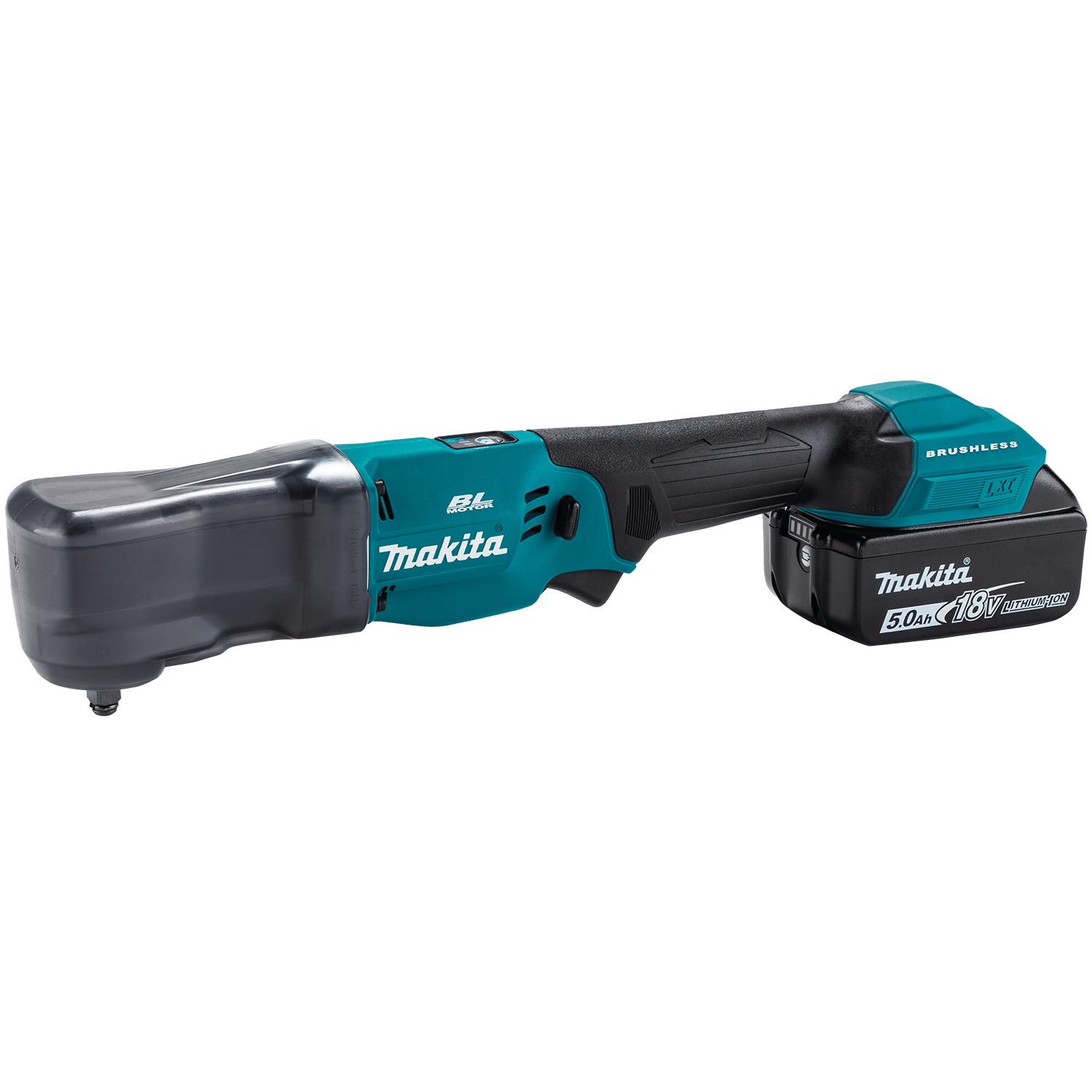 Makita 18V LXT angle impact wrench fitted with rubber nose guard and 5.0Ah lithium-ion battery for automotive service.
