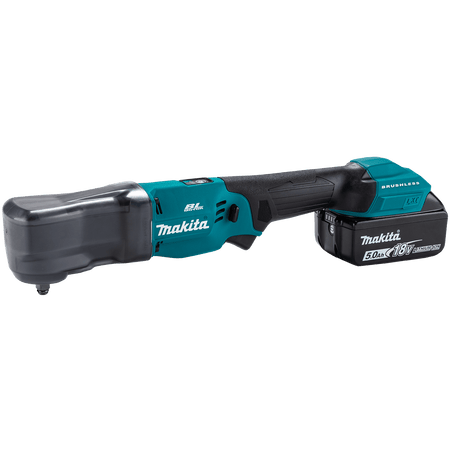 Makita 18V LXT angle impact wrench fitted with rubber nose guard and 5.0Ah lithium-ion battery for automotive service.