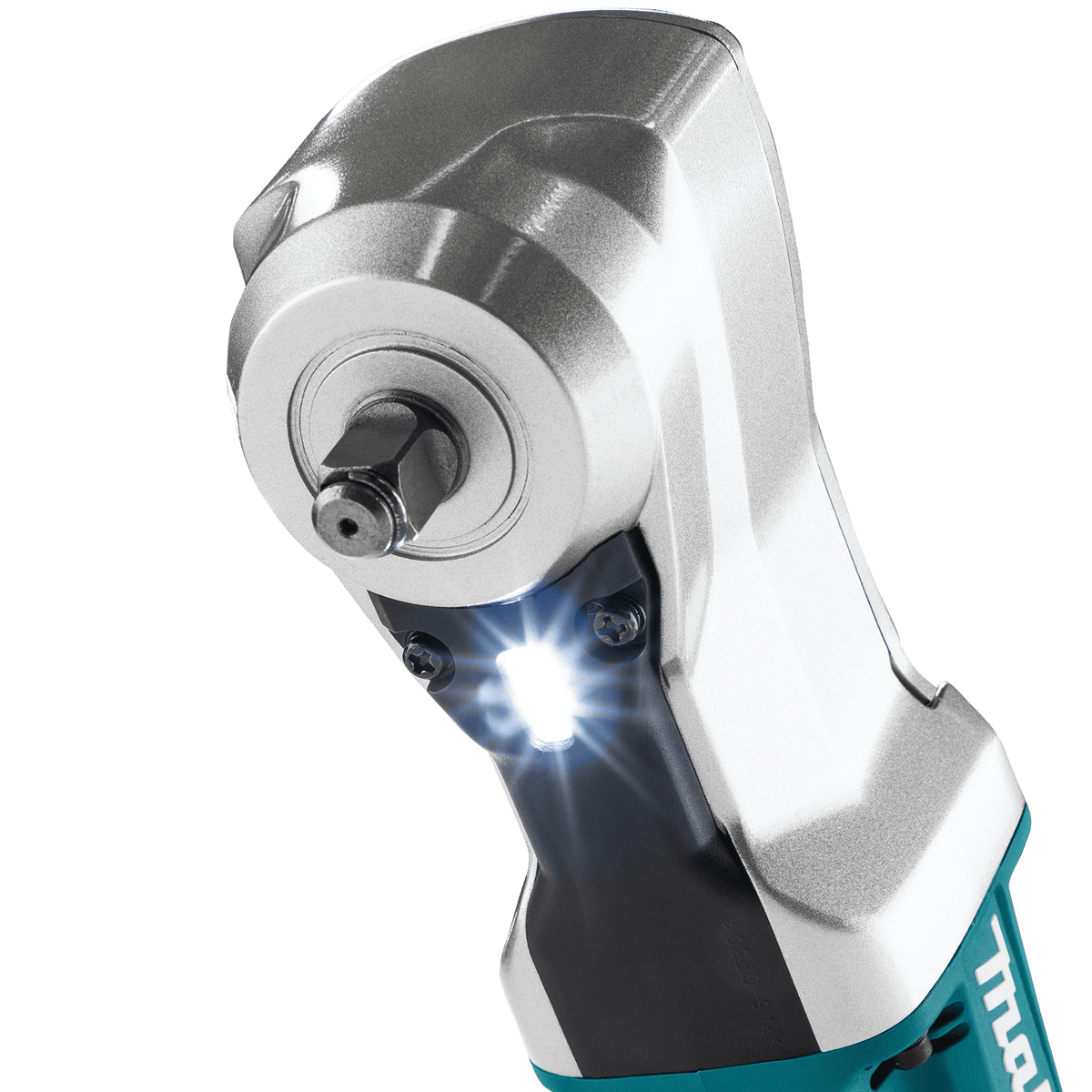 Twin LED work lights with afterglow on the Makita angle impact wrench head brighten dark engine compartments.