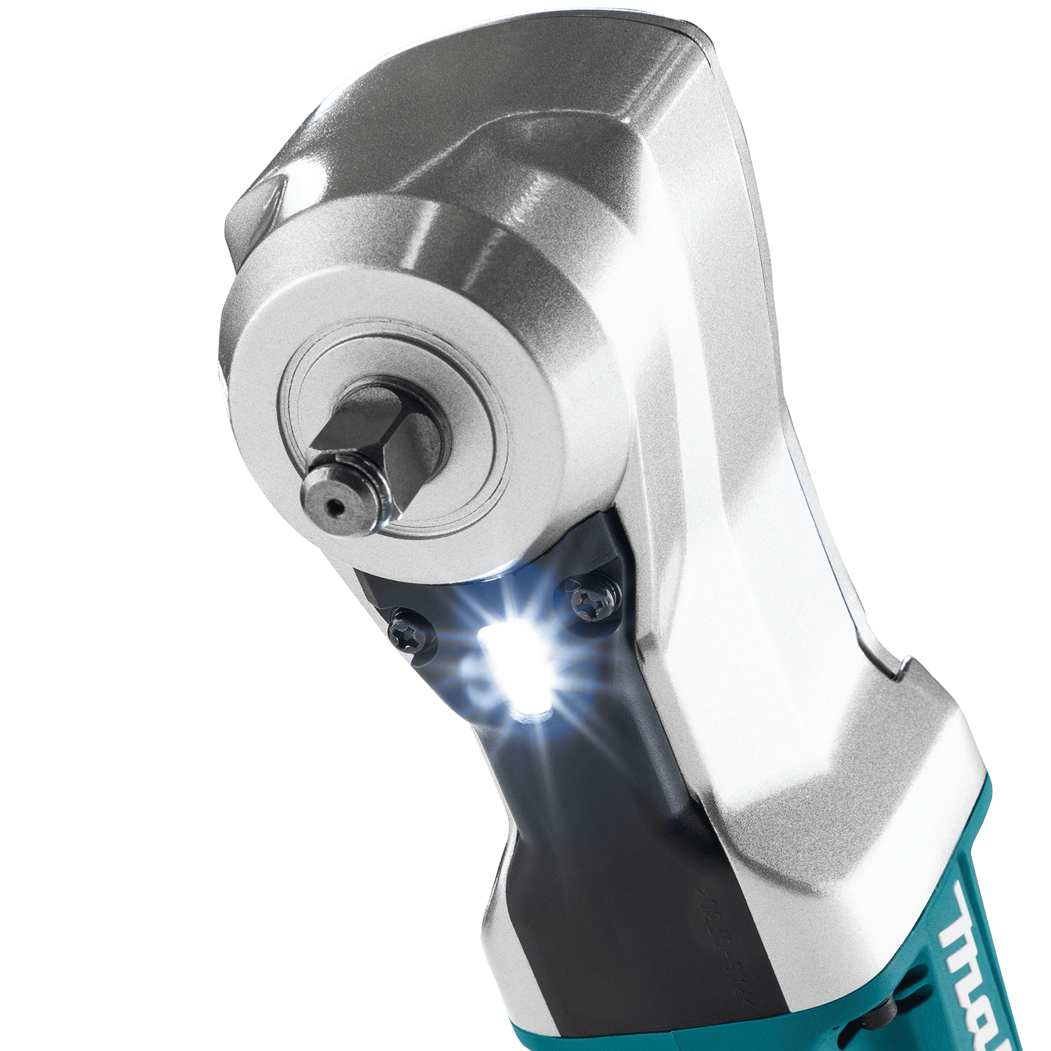 Twin LED work lights with afterglow on the Makita angle impact wrench head brighten dark engine compartments.