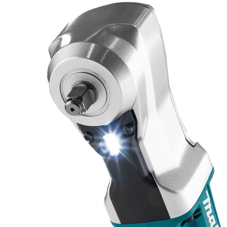 Twin LED work lights with afterglow on the Makita angle impact wrench head brighten dark engine compartments.