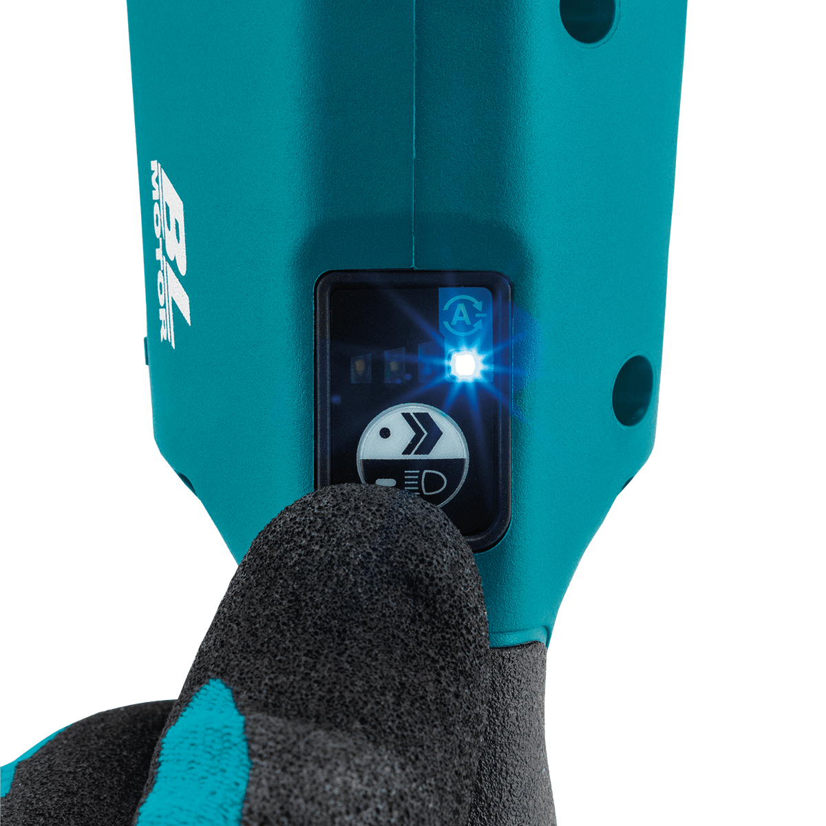 Electronic push-button control panel on the Makita impact wrench selects Auto-Stop modes and variable speed output.