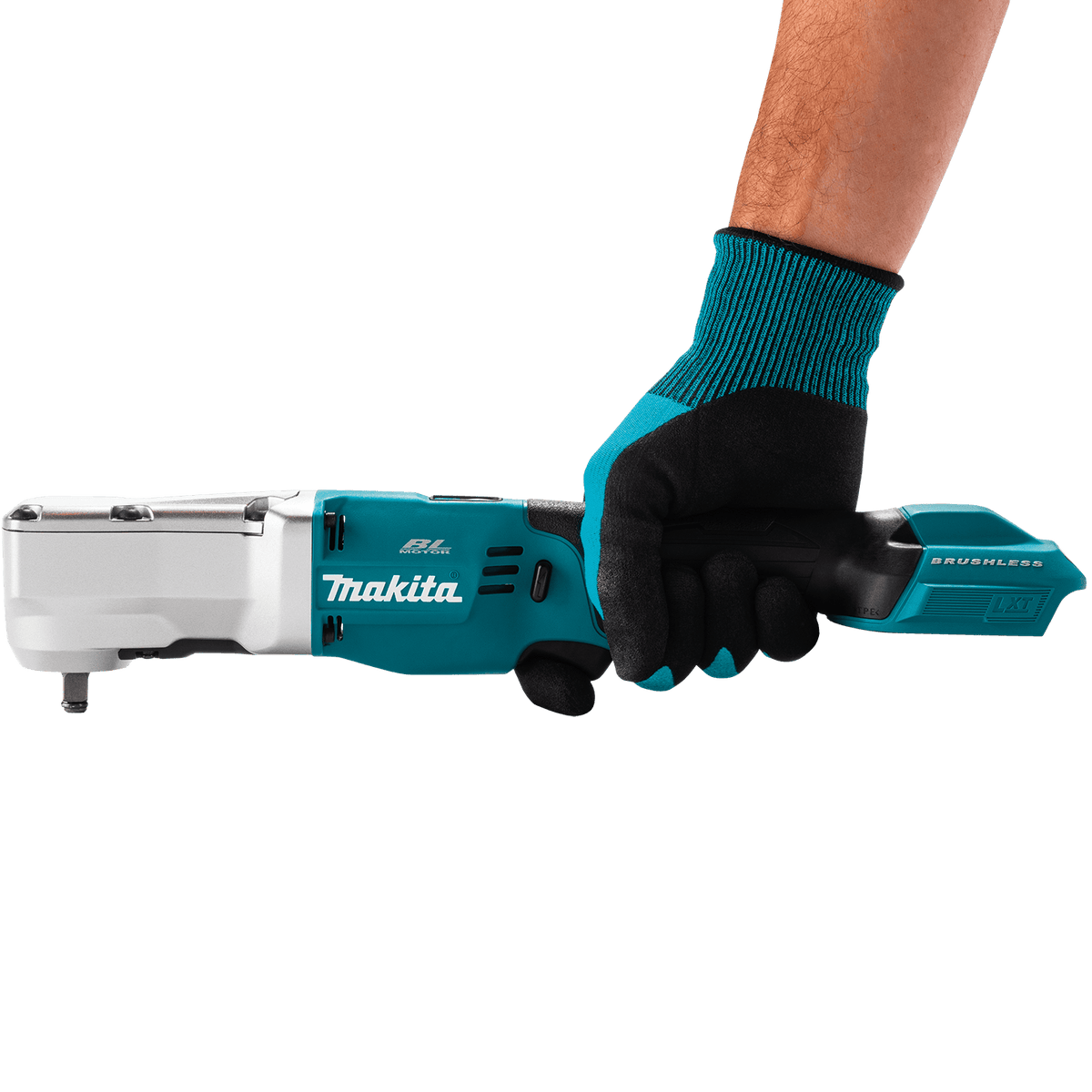 Technician in work gloves holding the Makita XLT03Z cordless angle impact wrench for balanced one-handed operation.