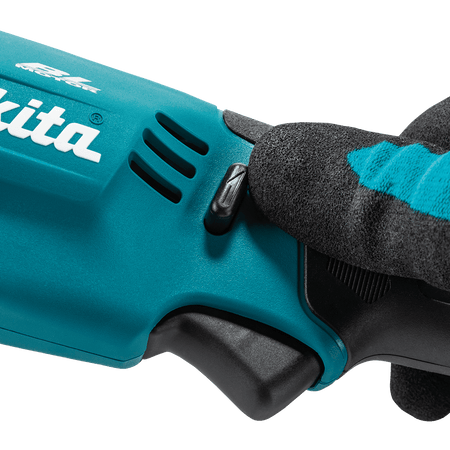 Variable-speed paddle trigger and forward-reverse toggle switch on the Makita 18V cordless angle impact wrench.