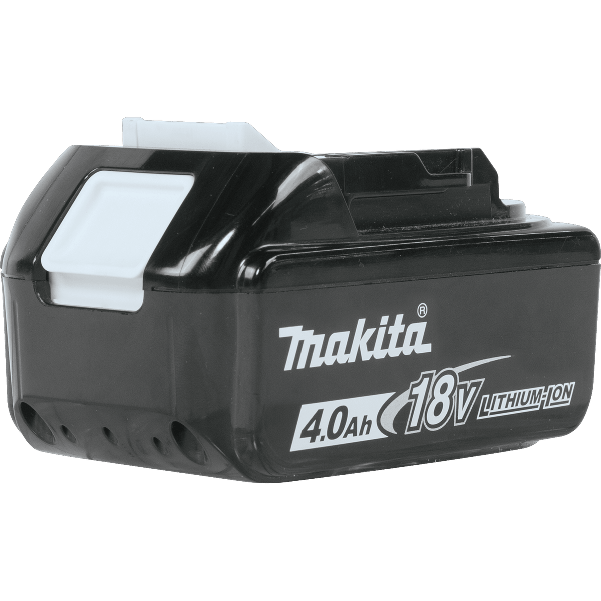 Rear view of the Makita ADBL1840B 18V 4.0Ah battery highlighting the white slide-lock tool release button.