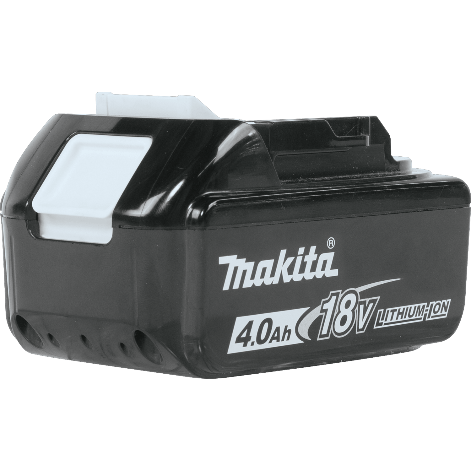 Rear view of the Makita ADBL1840B 18V 4.0Ah battery highlighting the white slide-lock tool release button.