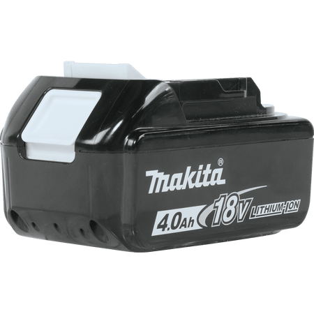 Rear view of the Makita ADBL1840B 18V 4.0Ah battery highlighting the white slide-lock tool release button.
