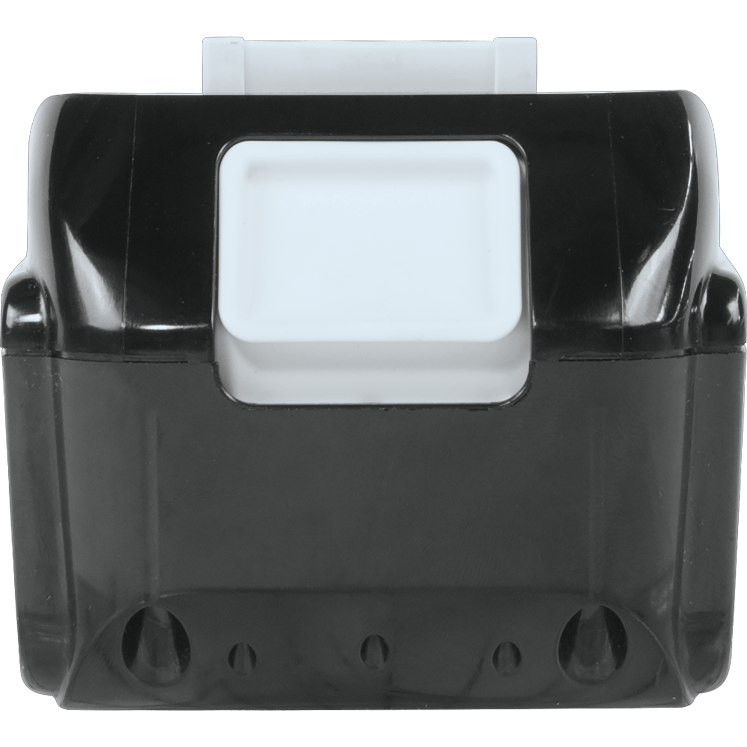 Rear view of the Makita ADBL1840B 18V battery showing the spring-loaded white quick-release button for rapid tool swaps.