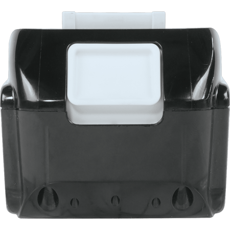 Rear view of the Makita ADBL1840B 18V battery showing the spring-loaded white quick-release button for rapid tool swaps.