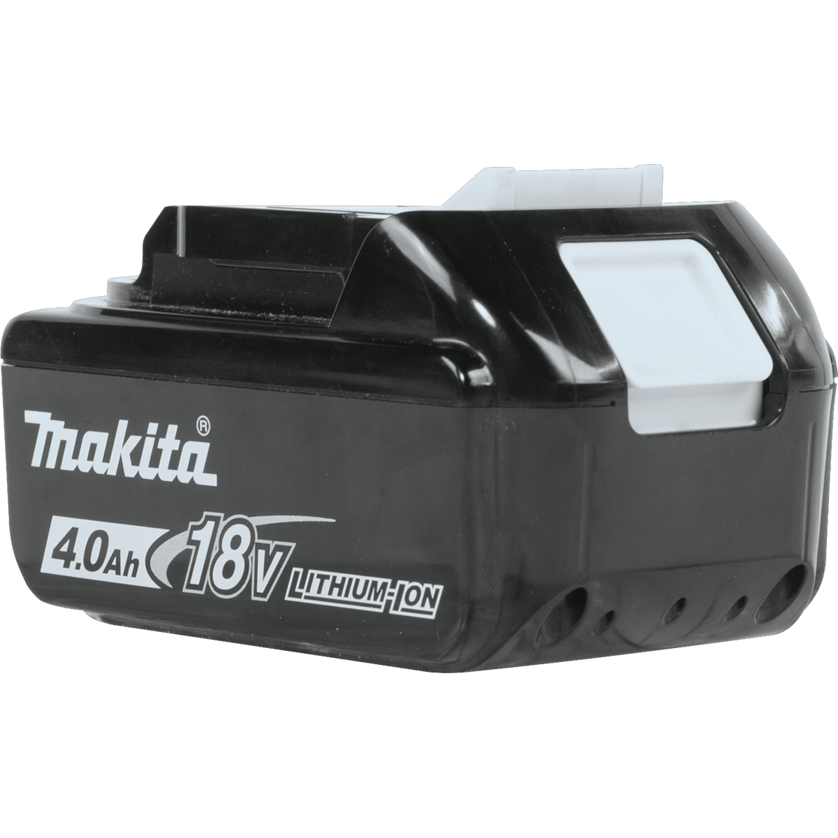 Rear three-quarter perspective of the Makita 18V 4.0Ah battery displaying the heavy-duty slide housing and release catch.