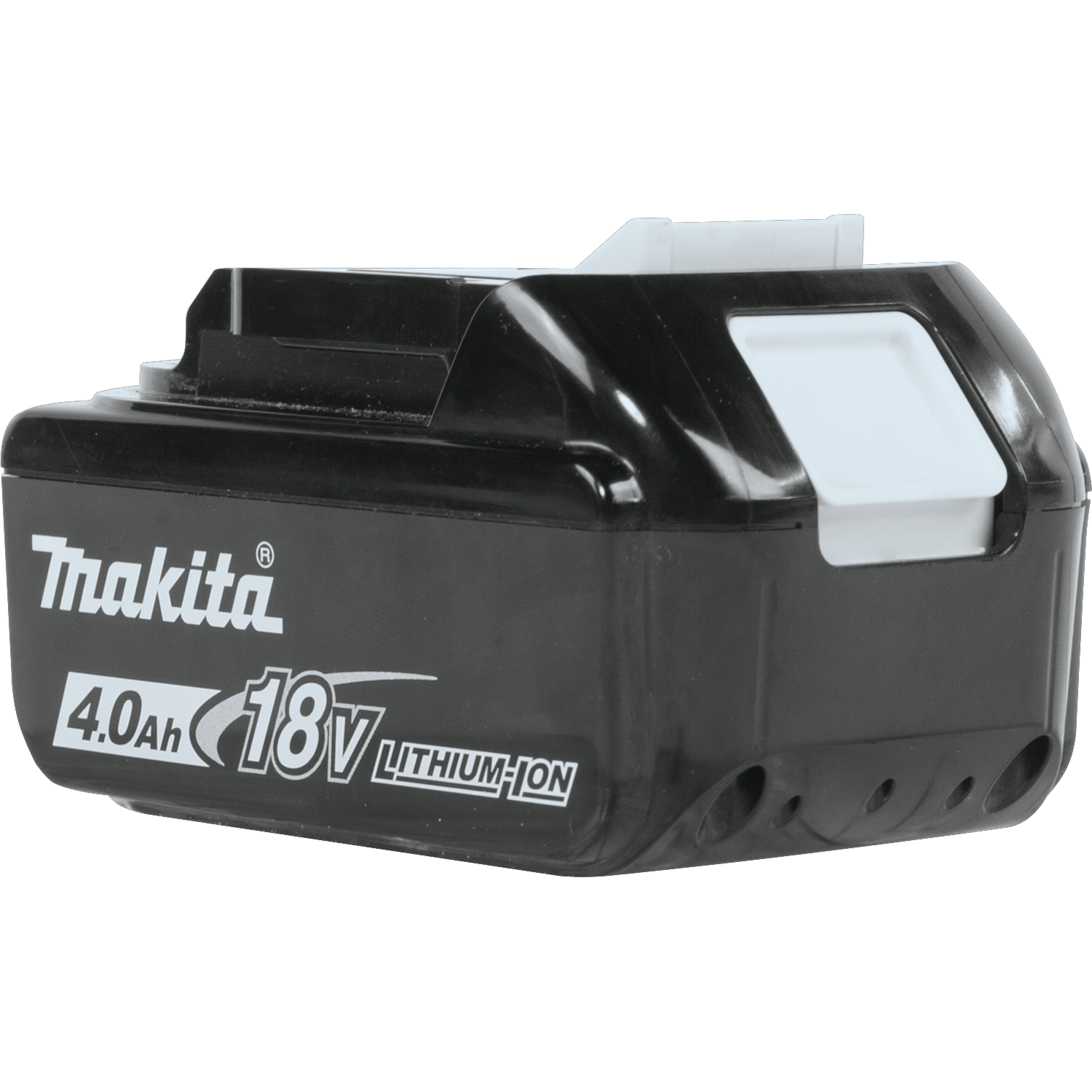 Rear three-quarter perspective of the Makita 18V 4.0Ah battery displaying the heavy-duty slide housing and release catch.