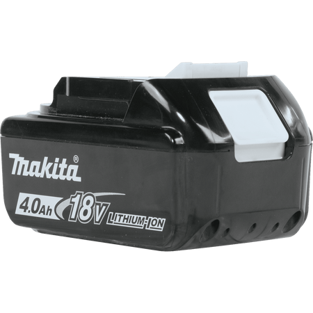 Rear three-quarter perspective of the Makita 18V 4.0Ah battery displaying the heavy-duty slide housing and release catch.