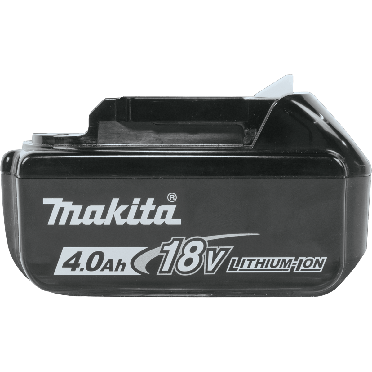 Low-angle side view of the Makita ADBL1840B 18V 4.0Ah lithium-ion battery showing its compact slide-rail mounting profile.