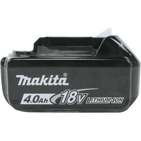 Low-angle side view of the Makita ADBL1840B 18V 4.0Ah lithium-ion battery showing its compact slide-rail mounting profile.