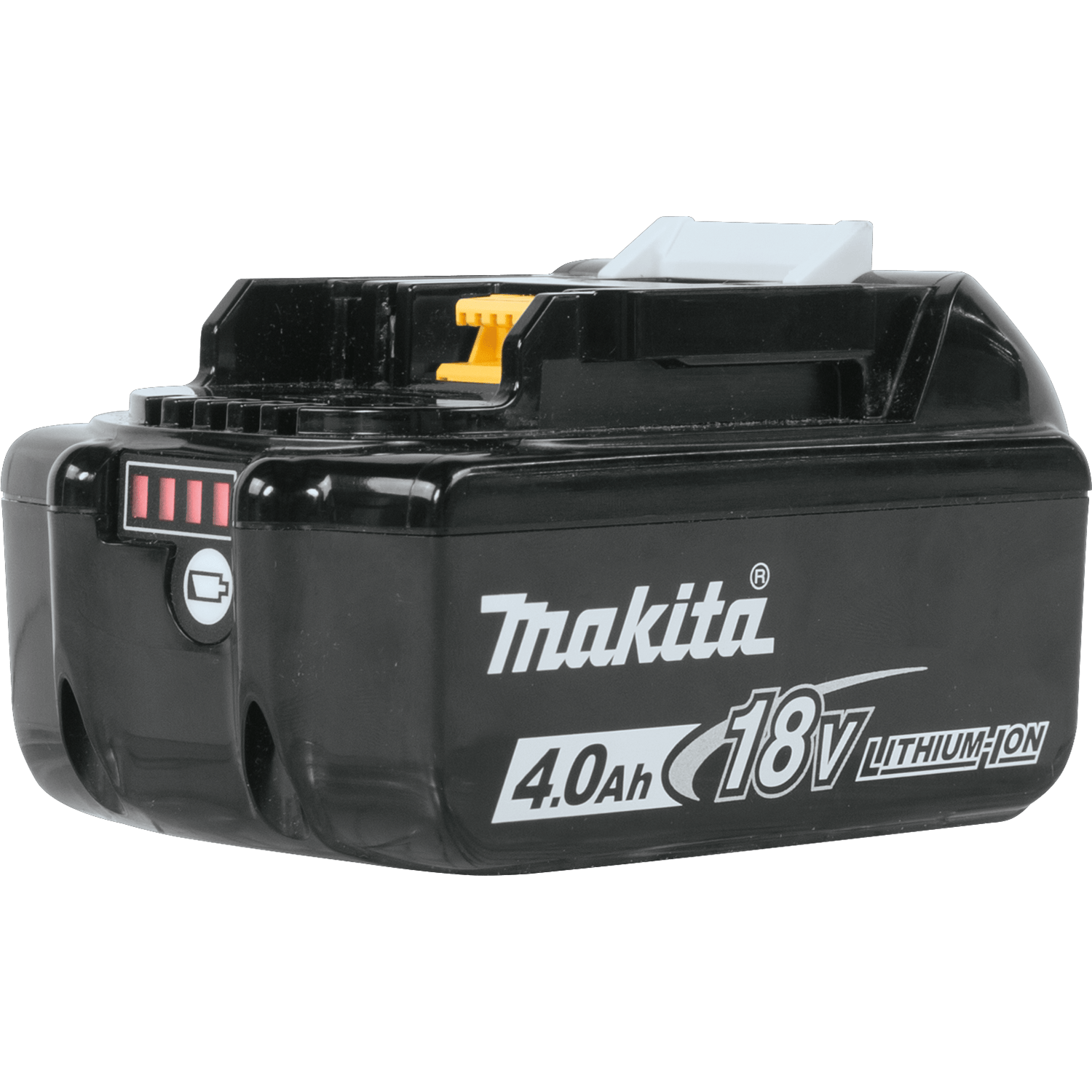 Front three-quarter view of the Makita ADBL1840B battery showing the 4-LED fuel gauge and yellow Star Protection connector.