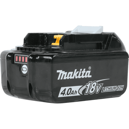 Front three-quarter view of the Makita ADBL1840B battery showing the 4-LED fuel gauge and yellow Star Protection connector.