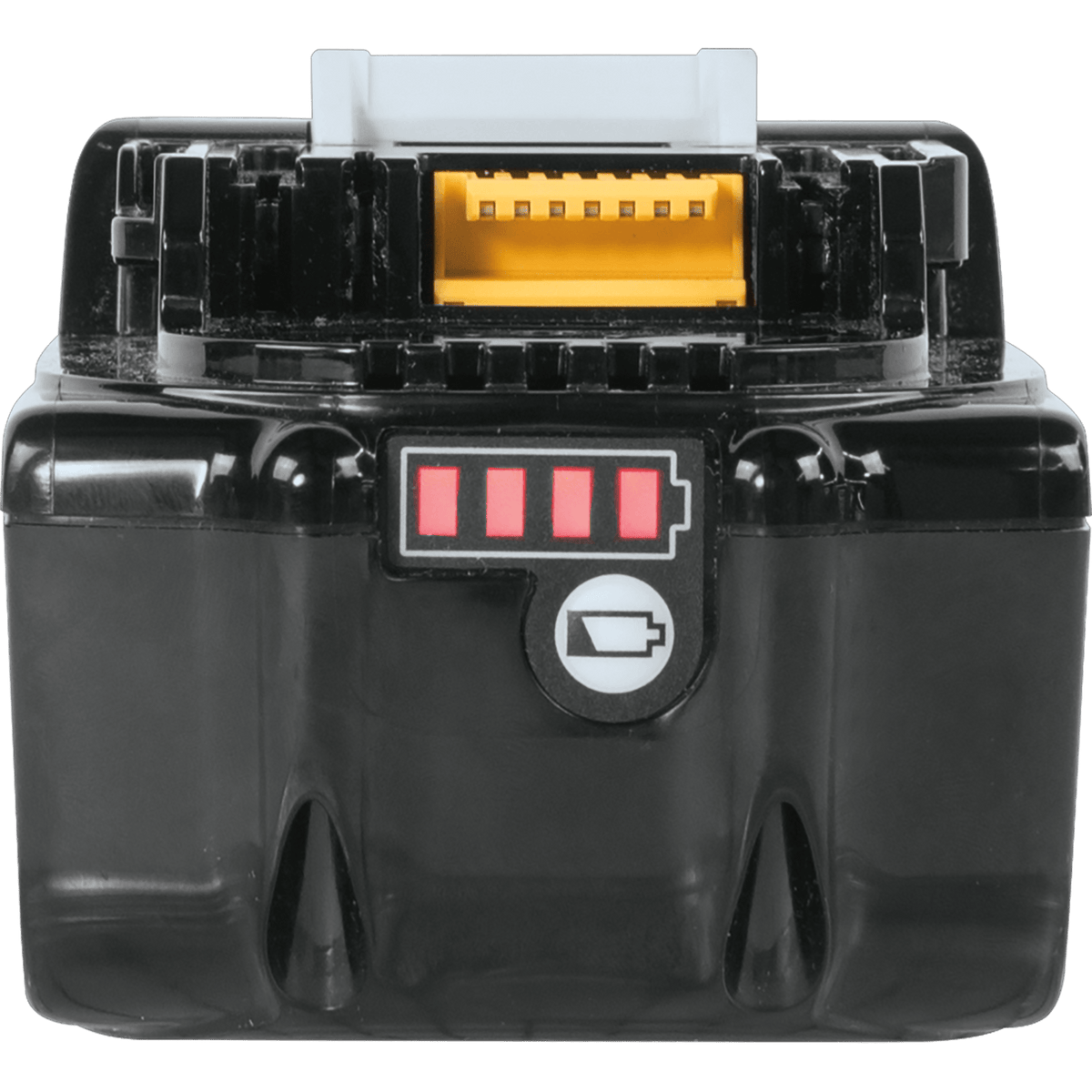 Direct front view of the Makita 18V 4.0Ah battery showing the illuminated 4-bar fuel gauge and multi-contact terminal receiver.