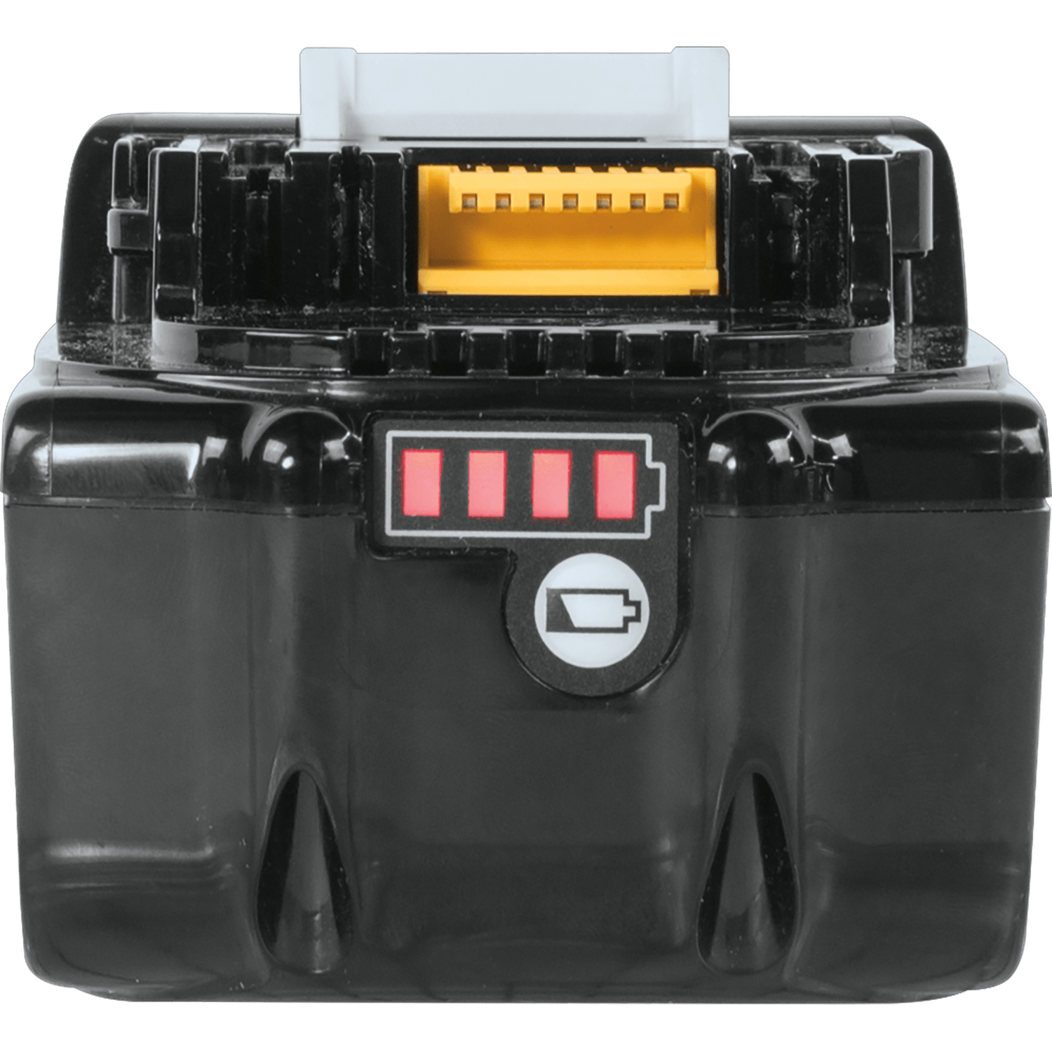 Direct front view of the Makita 18V 4.0Ah battery showing the illuminated 4-bar fuel gauge and multi-contact terminal receiver.