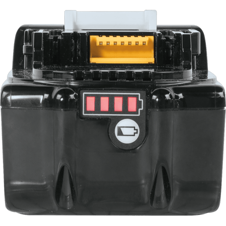 Direct front view of the Makita 18V 4.0Ah battery showing the illuminated 4-bar fuel gauge and multi-contact terminal receiver.
